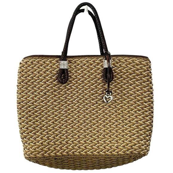Brighton Handbags - Brighton Rita Woven Macrame Jute Straw Leather Tote‎ Bag Animal Print Lining